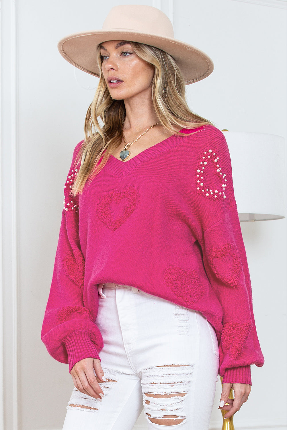 Rose Red Pearl Embellished Fuzzy Hearts V Neck Sweater