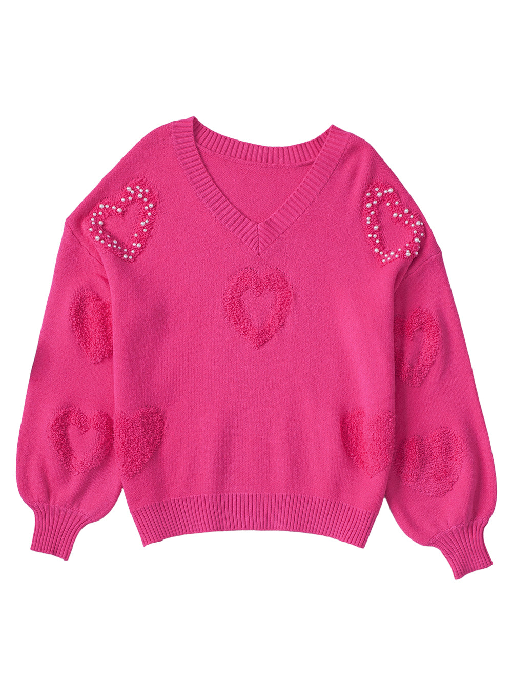 Rose Red Pearl Embellished Fuzzy Hearts V Neck Sweater