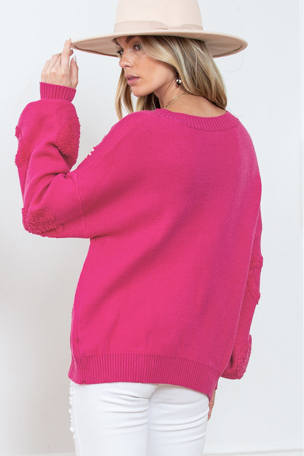 Rose Red Pearl Embellished Fuzzy Hearts V Neck Sweater