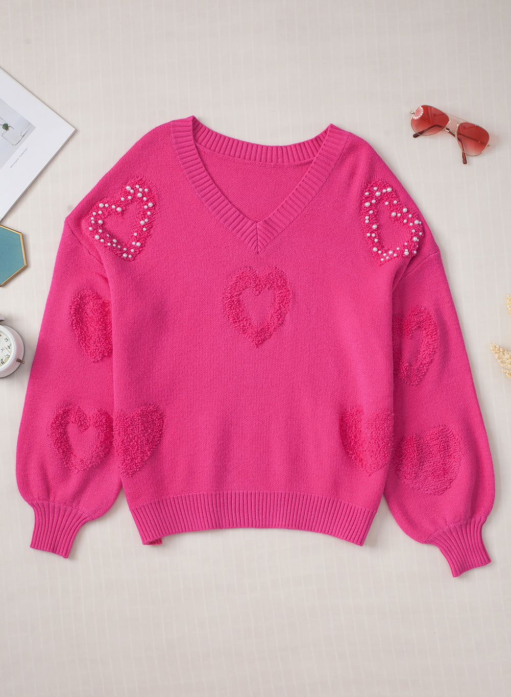 Rose Red Pearl Embellished Fuzzy Hearts V Neck Sweater