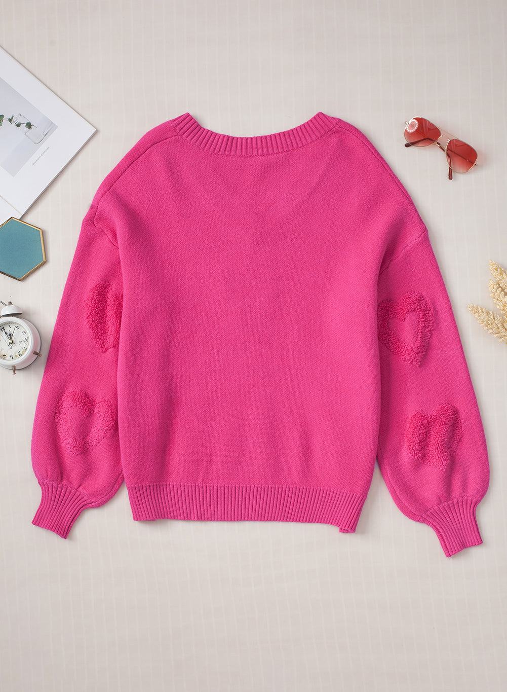 Rose Red Pearl Embellished Fuzzy Hearts V Neck Sweater