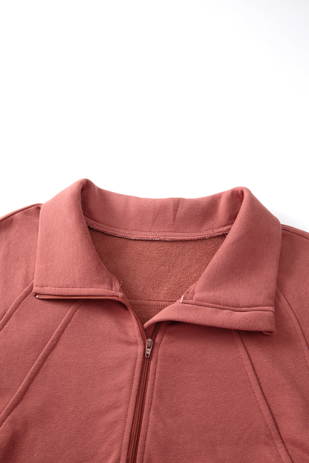 Brown Zip Up Stand Collar Ribbed Thumbhole Sleeve Sweatshirt